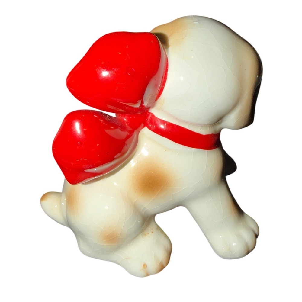Japan Ceramic Puppy Figurine Small White Tan Red Bow Vintage Kitsch Decor - Picture 2 of 6
